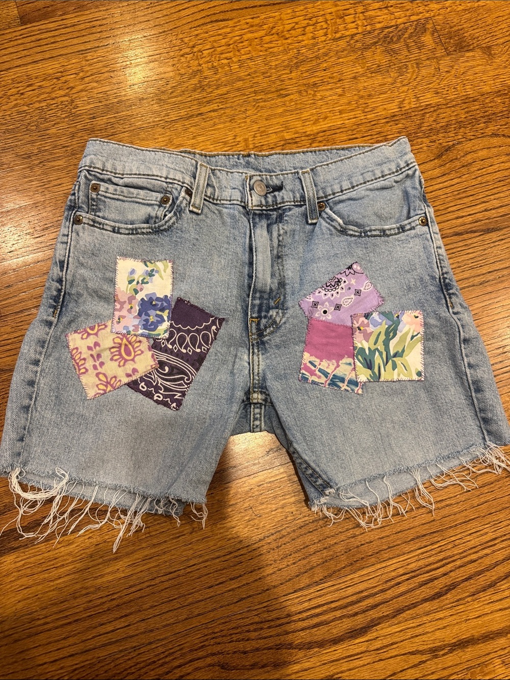 Vintage Levi's 511 Denim Jean Shorts Floral Bandana Patches Hand sewn upcycled.